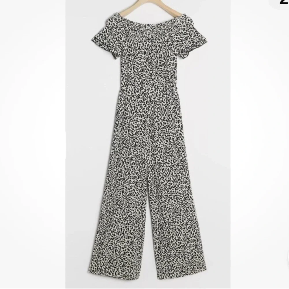Anthropologie Kyra animal print wide leg off shoulder Jumpsuit small NWT